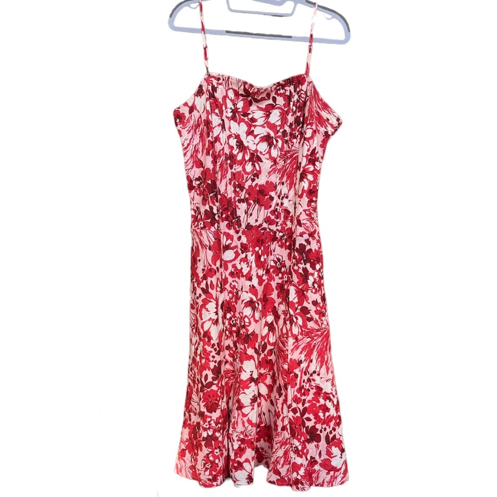 NWT Per Una Marks & Spenser Red Pink Floral Linen Midi Dress Size 10 (UK 14)